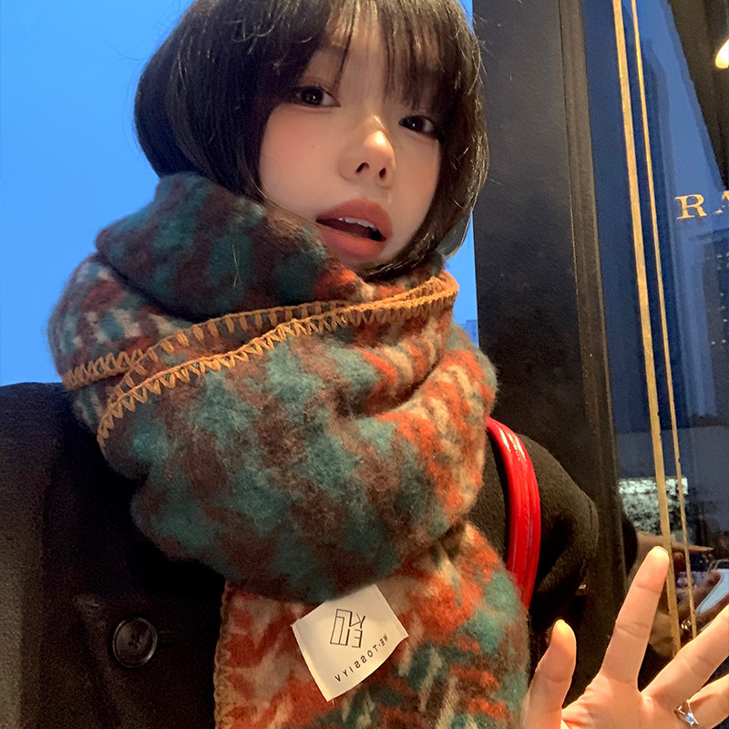 圣诞高级感墨绿色千鸟格子围巾女冬季韩系氛围感加厚保暖围脖披肩