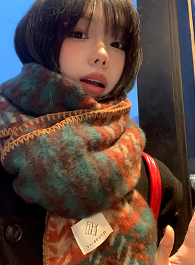 圣诞高级感墨绿色千鸟格子围巾女
