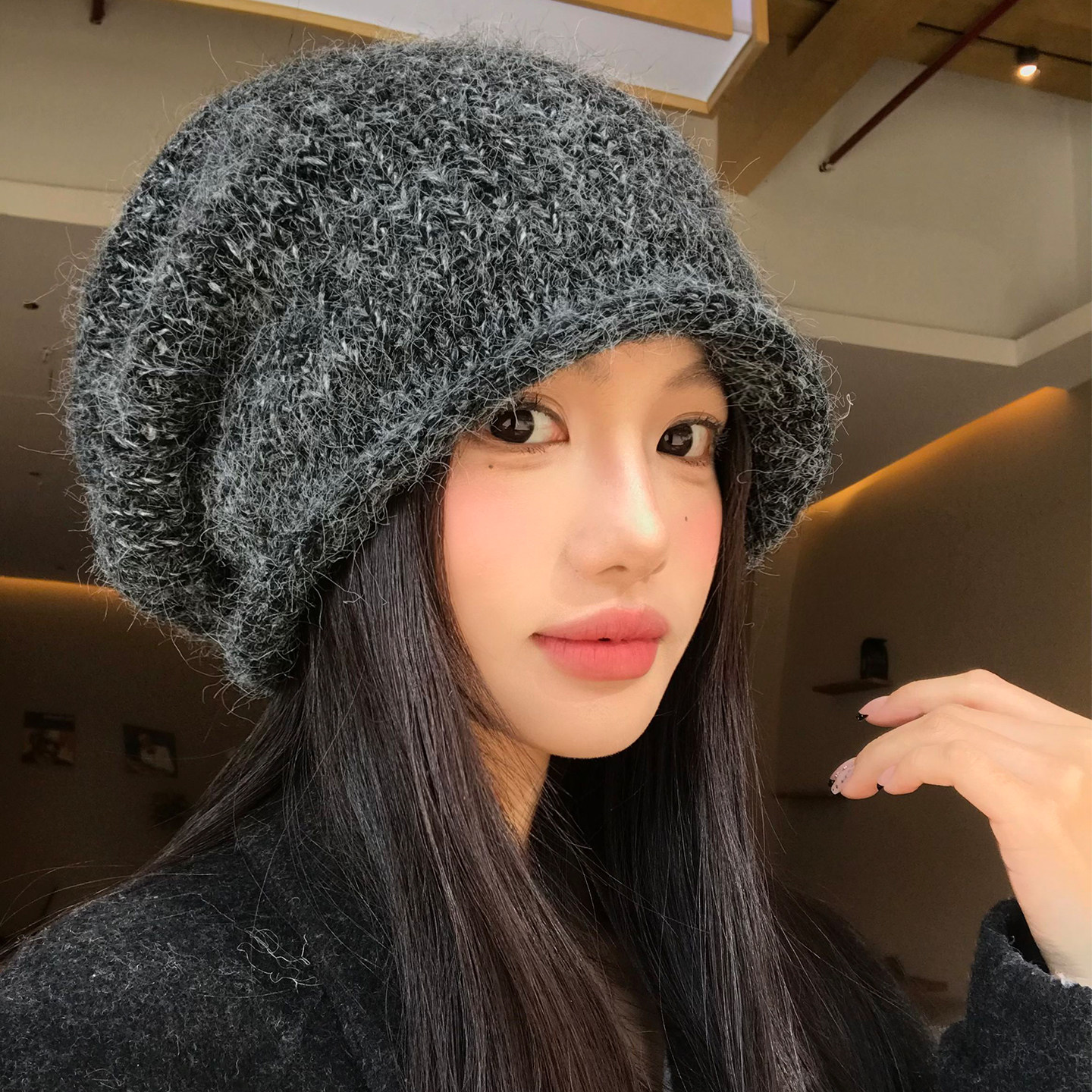 灰色针织毛绒卷边堆堆帽子女冬季