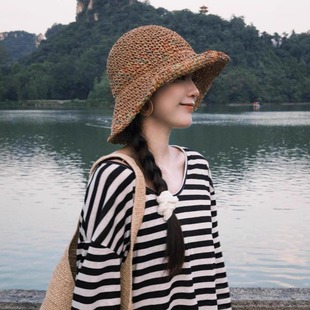 草編漁夫帽女夏季 顯臉小水桶帽子大帽檐遮陽防曬海邊草帽 透氣韓版