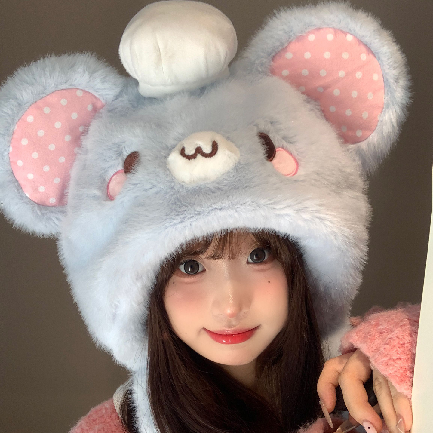可爱芝芝鼠毛绒帽子女冬加绒加厚