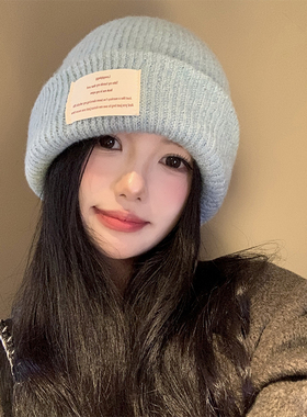 含羊毛蓝色针织帽子女2026年秋冬大头围毛线帽显脸小百搭护耳冷帽
