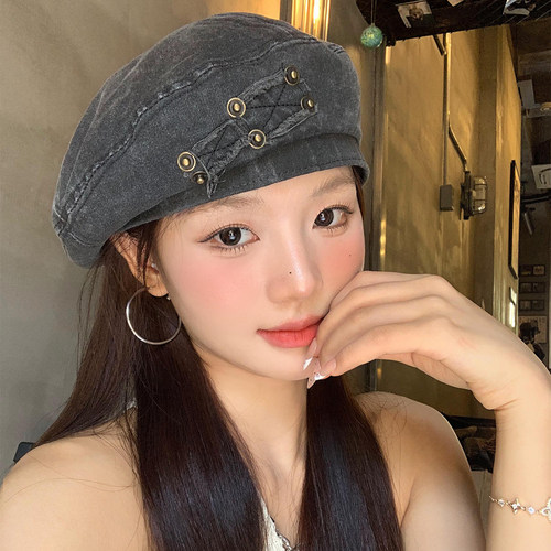 日系复古做旧水洗牛仔贝雷帽子女