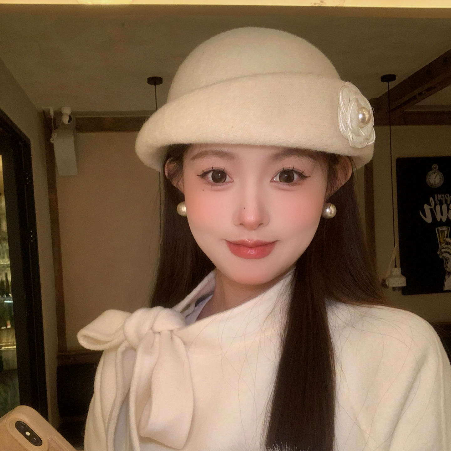 法式山茶花珍珠礼帽女秋冬赫本风