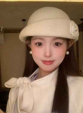 法式山茶花珍珠礼帽女秋冬赫本风显脸小渔夫帽气质千金风贝雷帽子