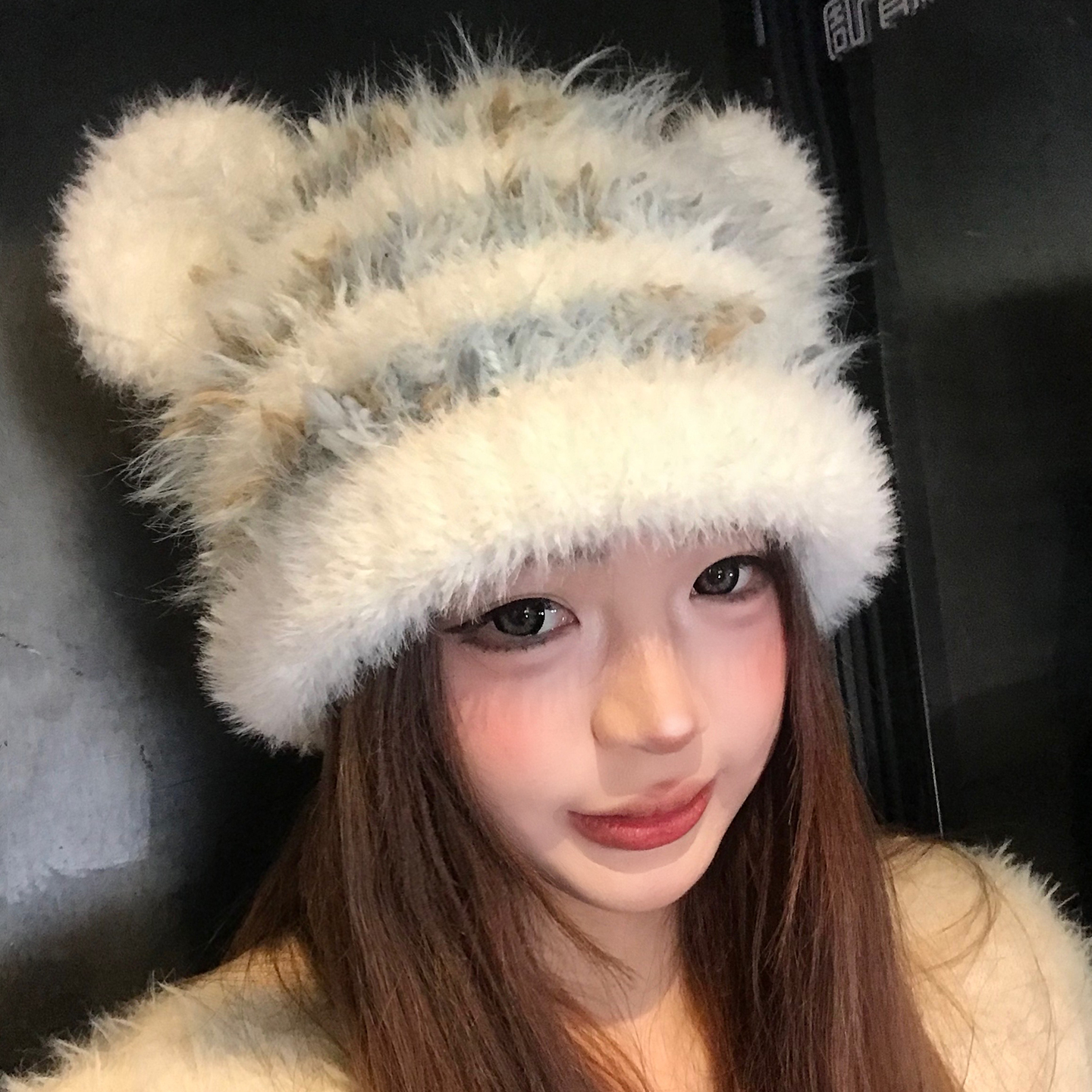 可爱小熊耳朵条纹毛绒帽子女士冬