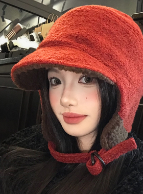 白鹿同款新年红色双面毛绒飞行帽女冬季加厚防寒保暖护耳雷锋帽子