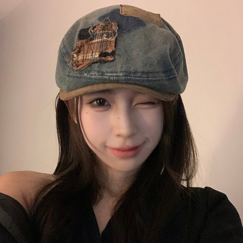 美式复古做旧贴标牛仔贝雷帽女潮