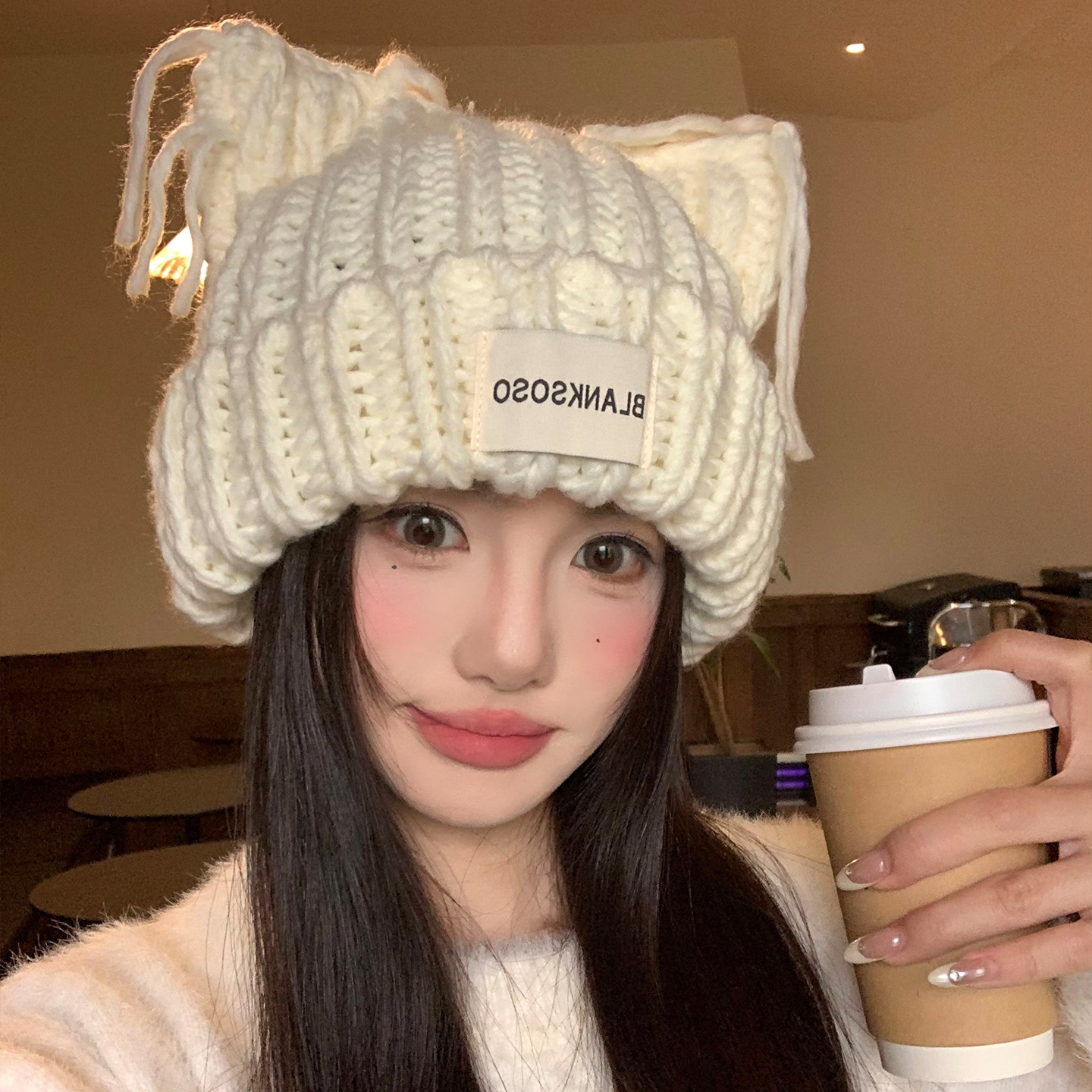 可爱猫耳朵针织帽子女秋冬季大头