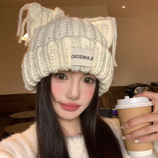 可爱猫耳朵针织帽子女秋冬季大头围冷帽显脸小加厚韩系护耳毛线帽