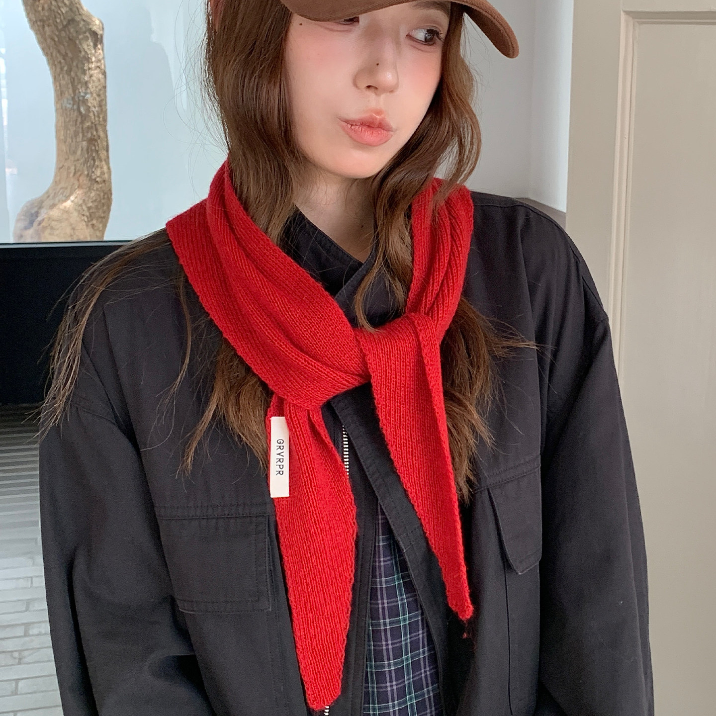 红色针织三角围巾毛线围脖女秋冬叠穿时尚保暖小坎肩毛衣披肩头巾