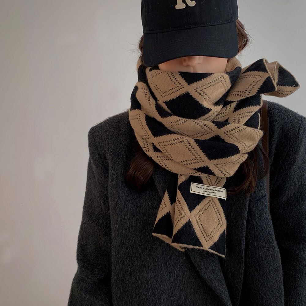 日系复古针织毛线菱形格子围巾女