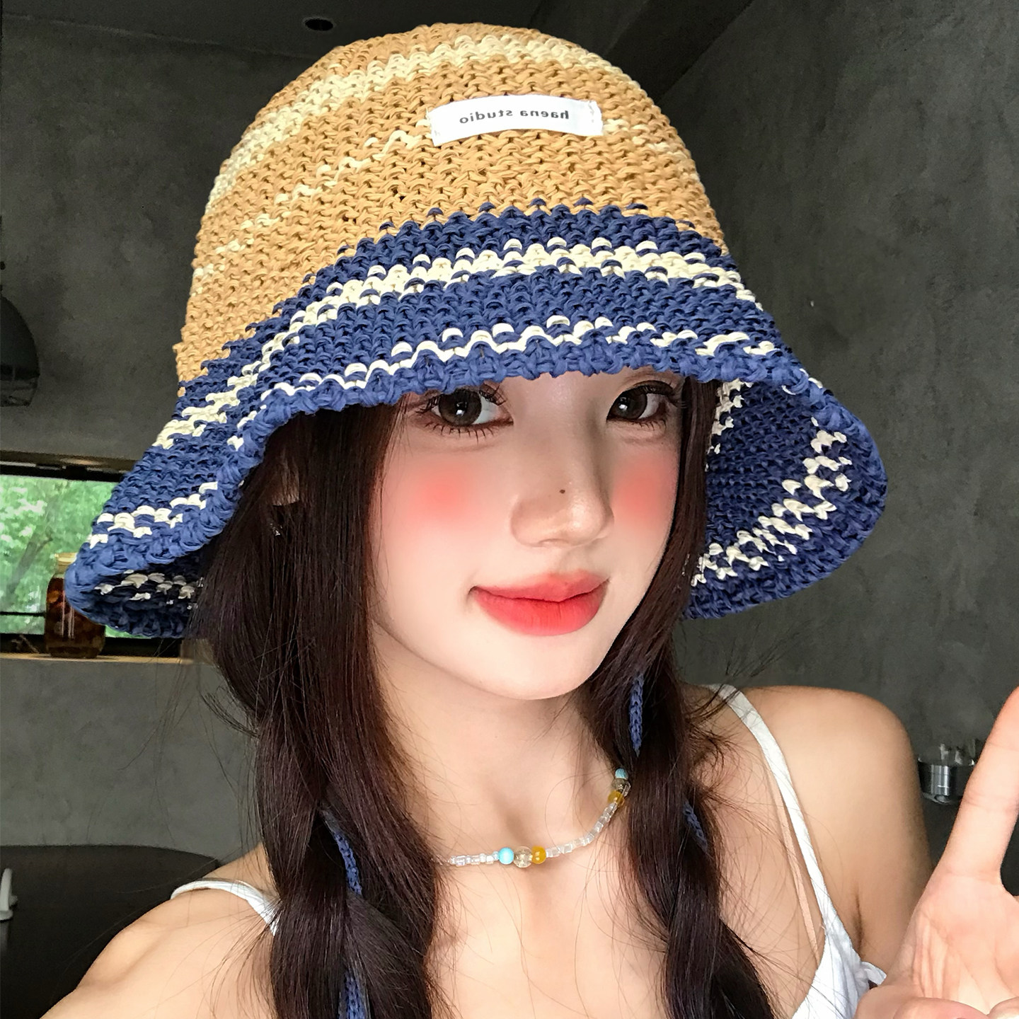 韩系撞色条纹绑带针织渔夫帽春夏图片