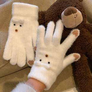 可爱小熊ins手套女2025年秋冬季 加绒加厚保暖防寒五指可触屏骑行