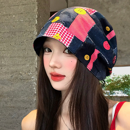 不规则撞色涂鸦格纹包头帽女小众