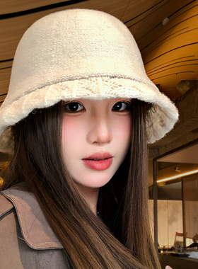 花边拼接针织渔夫帽女款2026新款