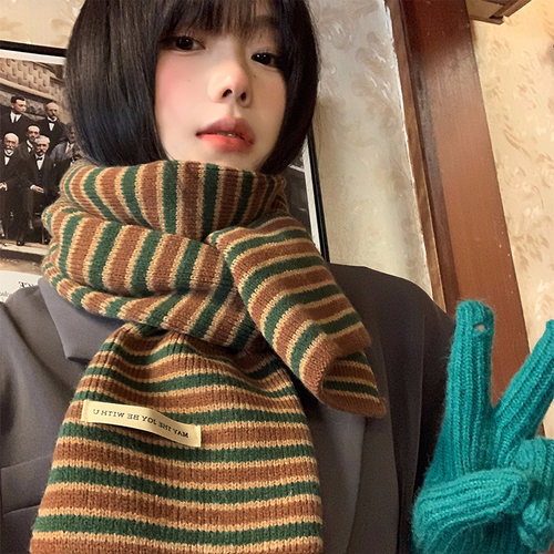 高级感条纹仿羊绒针织围巾女冬款