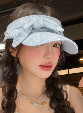 蓝色格纹蝴蝶结空顶防晒帽女夏季户外运动遮阳防晒显脸小鸭舌帽子
