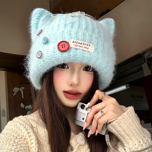 可爱猫耳纽扣蝴蝶结毛线帽女冬季