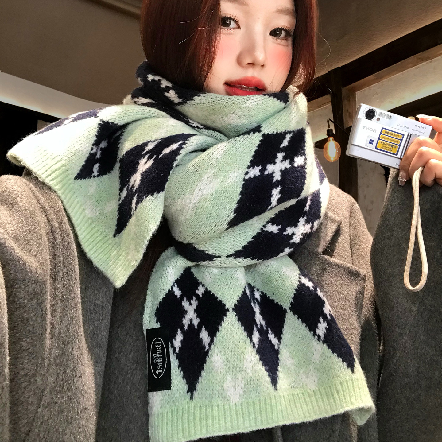 绿色菱形格针织围巾女冬季加厚保暖韩系氛围感防寒高级感披肩围脖