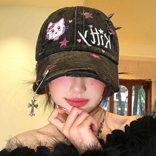 甜酷猫咪街头破洞黑棒球帽女大头