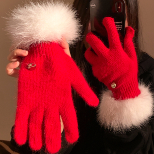 毛茸茸红色高级感五指针织手套女冬季 骑行保暖御寒分指露指可触屏