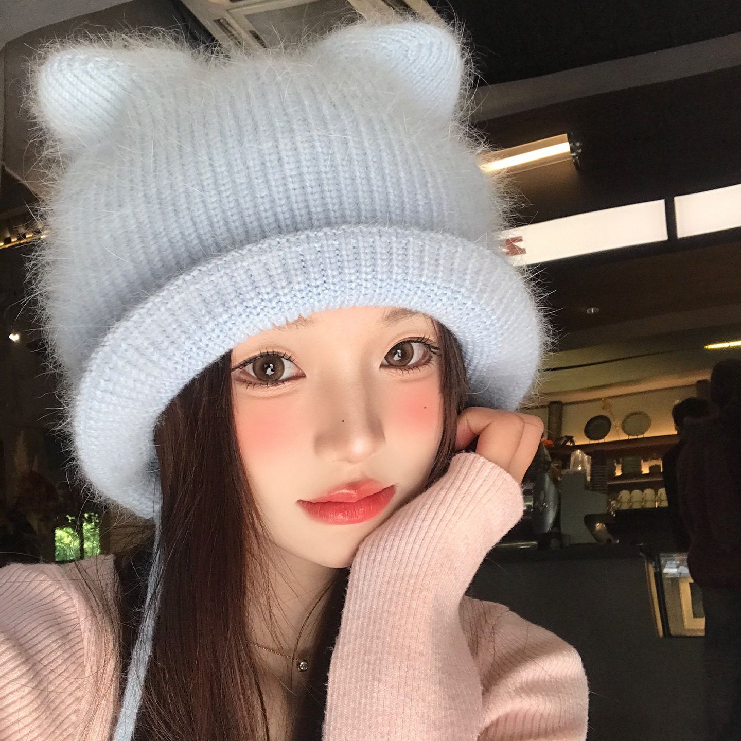 毛茸茸蓝色猫耳朵毛线帽子女冬季