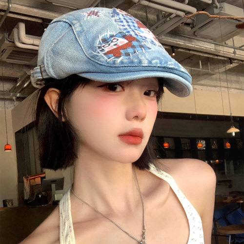 可爱卡通贴布做旧牛仔前进帽女