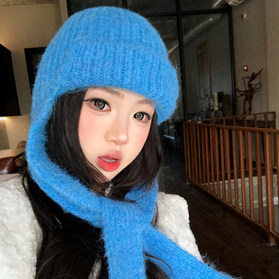 高圆圆同款蓝色针织毛线帽女冬季氛围感保暖帽子围巾一体防寒护颈