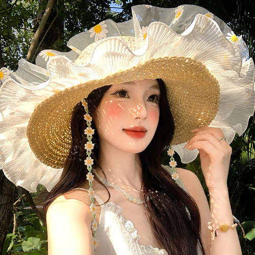 田园风蕾丝碎花飘带镂空草帽女夏