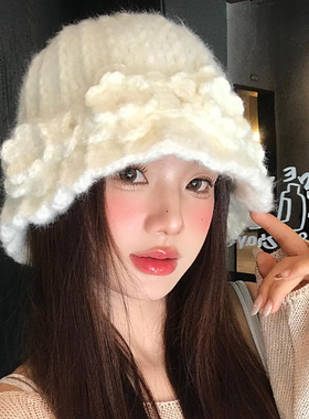 高级感白色花朵针织渔夫帽女秋冬季保暖盆帽显脸小大头围毛线帽子