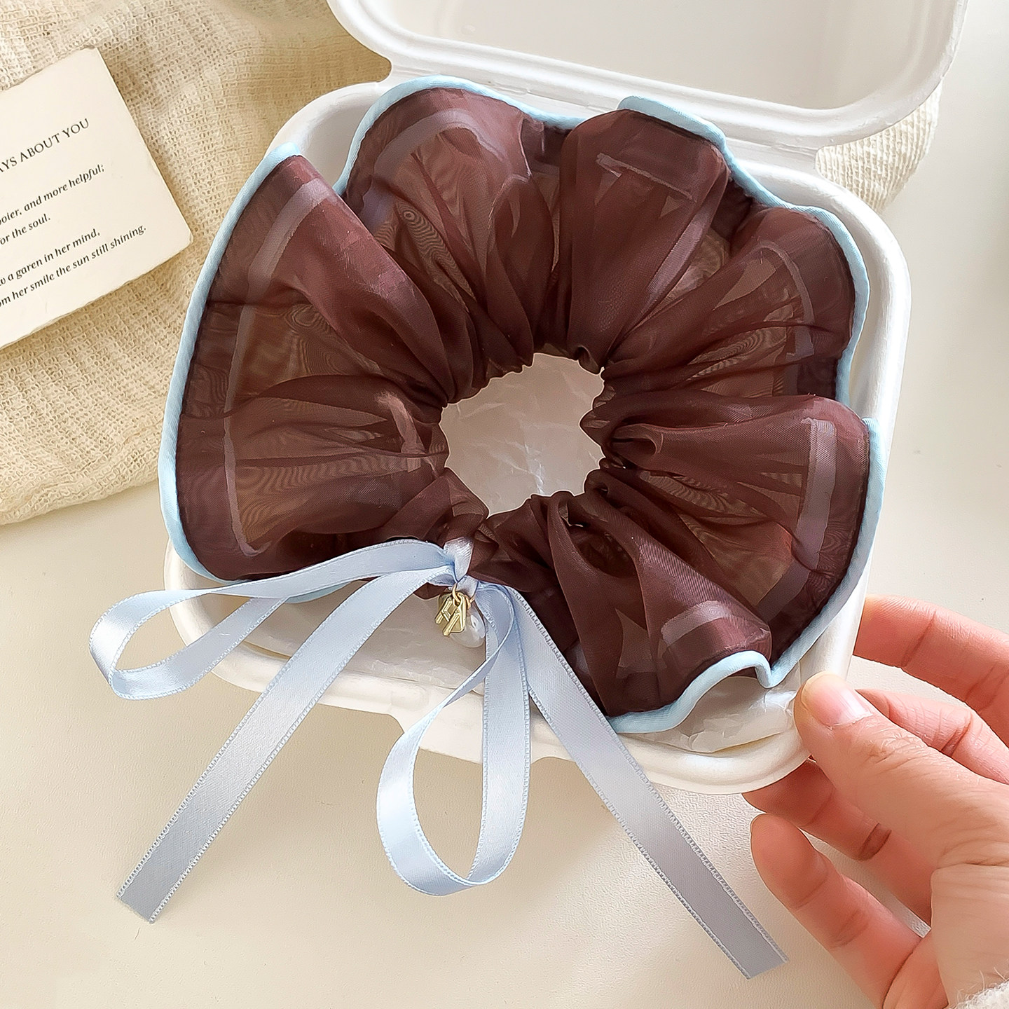 网纱锁边蕾丝蝴蝶结大肠发圈女慵懒风扎头发丸子头低马尾头花发饰