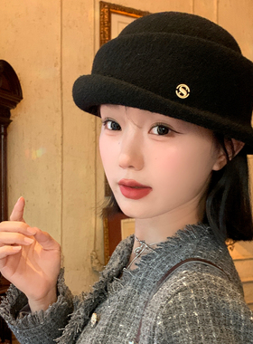 千金风高级感卷边黑色礼帽女秋冬季显脸小气质盆帽大头围渔夫帽子