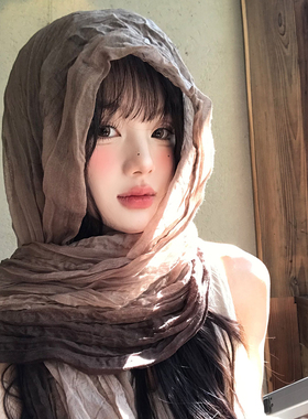 废土风复古褶皱棉麻长条丝巾女