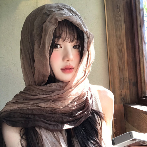 废土风复古褶皱棉麻长条丝巾女
