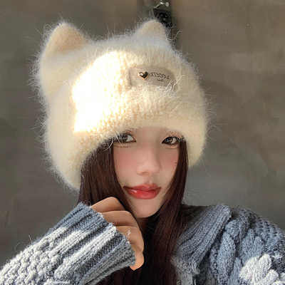 甜美可爱猫耳朵毛茸茸兔毛针织帽