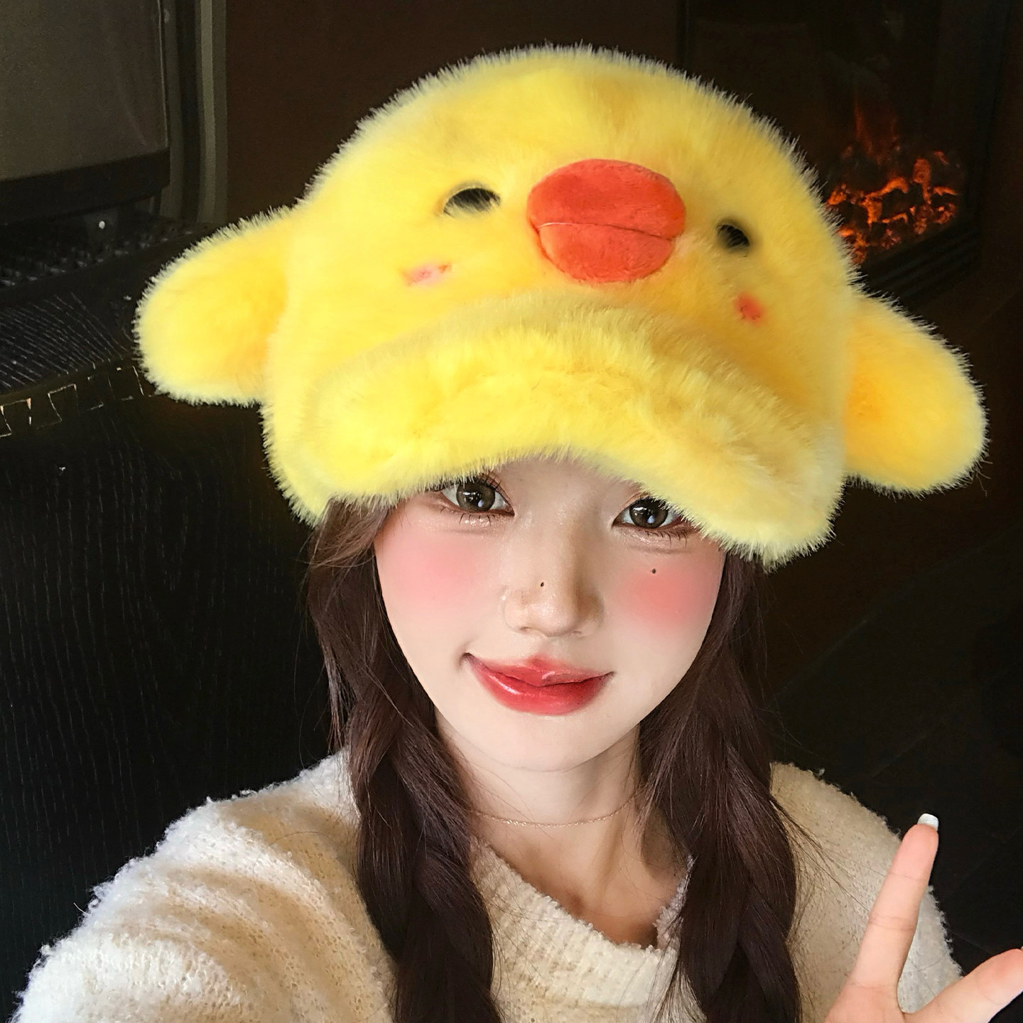 软萌黄色毛绒小鸡棒球帽女冬季加厚保暖可爱卡通帽子显脸小鸭舌帽