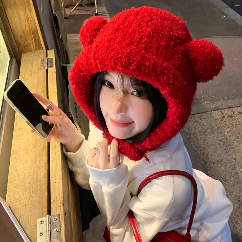 可爱小熊耳朵红色巴拉克拉法帽女