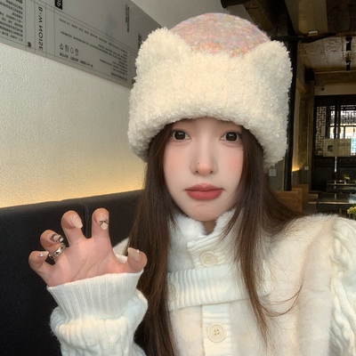 可爱猫耳朵针织混彩毛线帽女秋冬