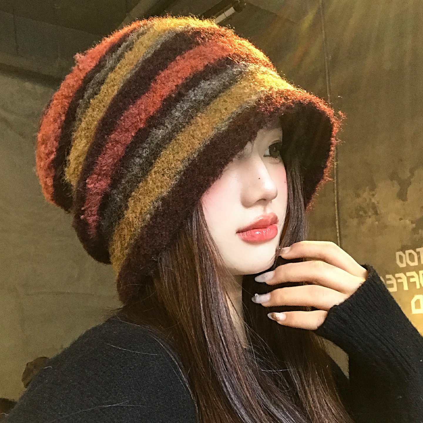 美拉德条纹针织堆堆帽子女秋冬