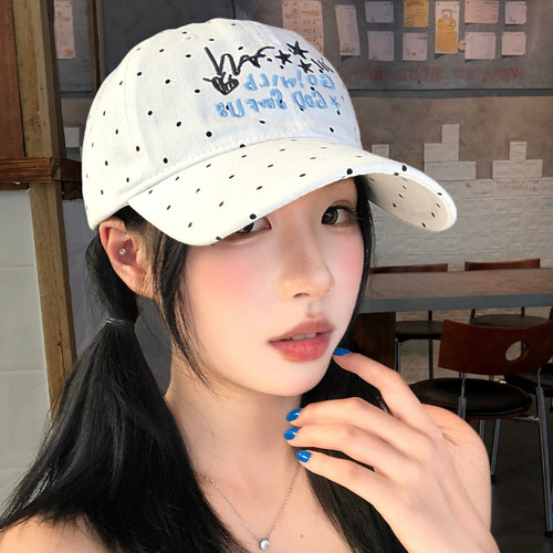 韩系撞色刺绣波点白色棒球帽女夏