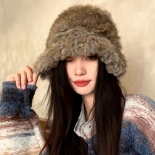 兔毛帽子女秋冬季 保暖加厚防寒毛毛护耳帽皮草毛绒帽显脸小渔夫帽