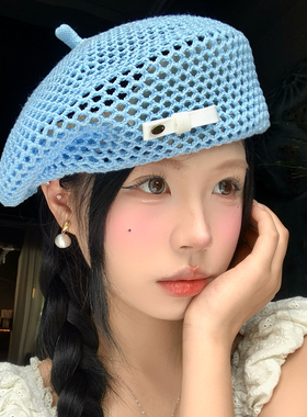 蓝色蝴蝶结镂空编织贝雷帽女夏薄款文艺日系显脸小大头围画家帽子