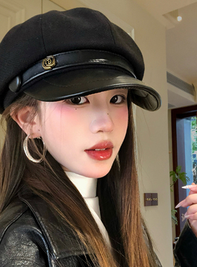 英伦风复古黑色八角贝雷帽女士秋
