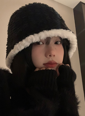 黑色毛绒水桶帽女秋冬季韩版百搭显脸小渔夫帽日系大头围保暖帽子