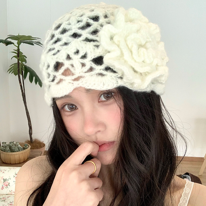 韩系立体花朵针织冷帽女春夏季