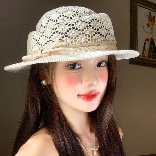 法式蝴蝶结镂空草帽女款优雅气质