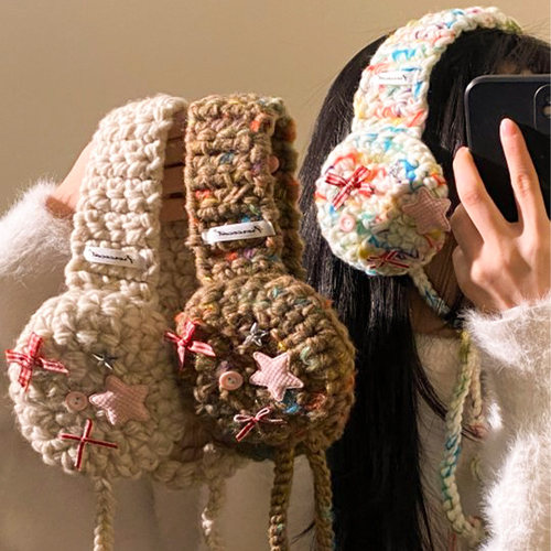 可爱星星蝴蝶结针织毛线耳罩女冬