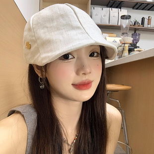 日系亞麻前進帽女大頭圍寬帽檐顯臉小報童帽復古文藝風貝雷帽子潮