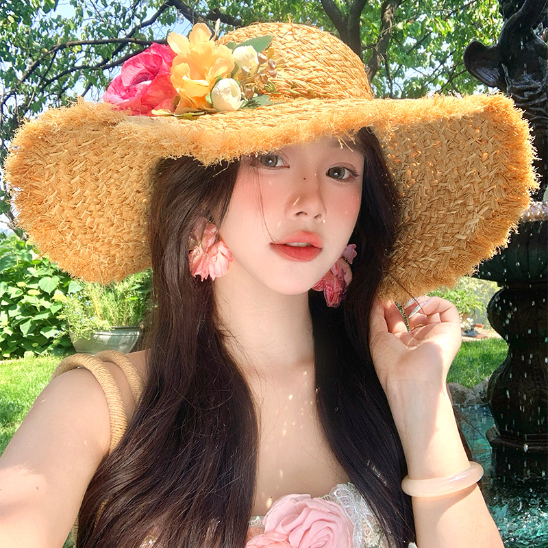 法式立体花朵手工编织拉菲草帽女